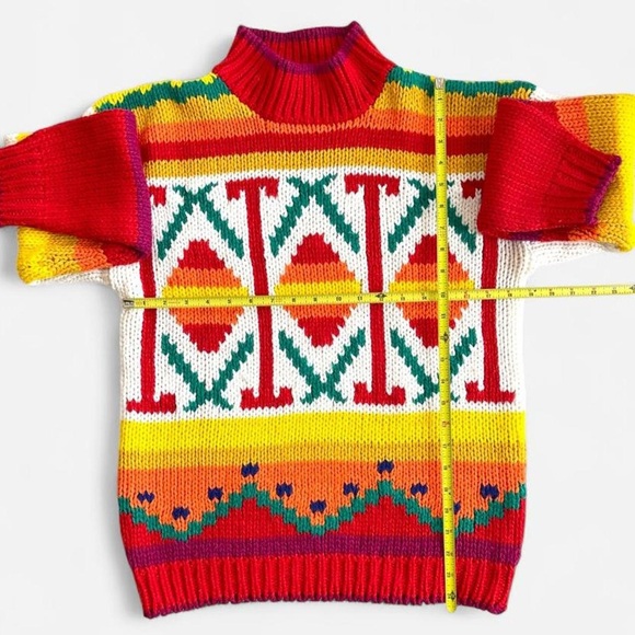 Vintage One Step Up Knit Red Yellow Orange Green Geometric Mock Neck Sweater - Picture 3 of 6